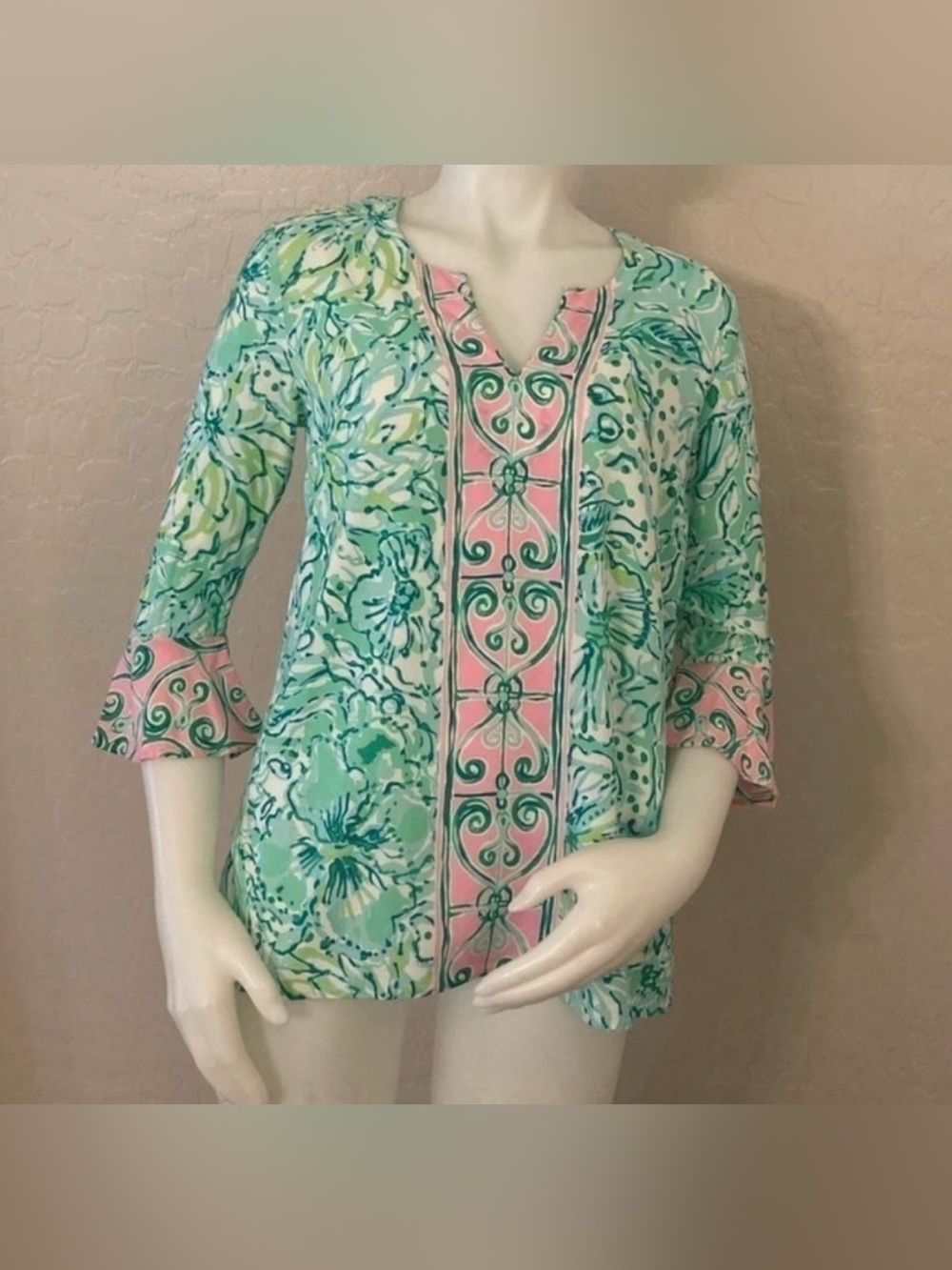 Lilly Pulitzer Mint Green Floral Tunic with Pink Trim Size XS